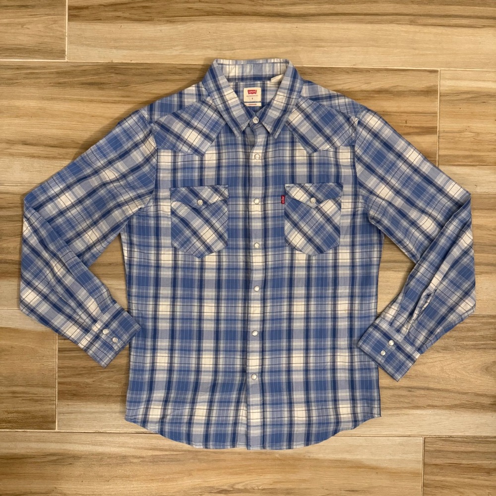 Levis Western Pearl Snap Shirt Mens Small Blue White Plaid Long Sleeve 857450153